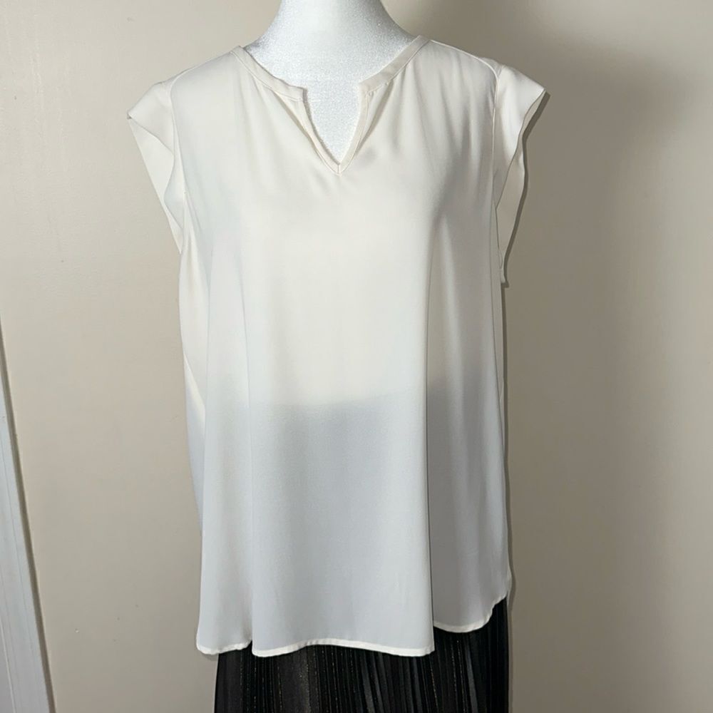 Anthro x Pleione XL Ivory High Low Pleated Back Front Keyhole Cap Sleeve Shell